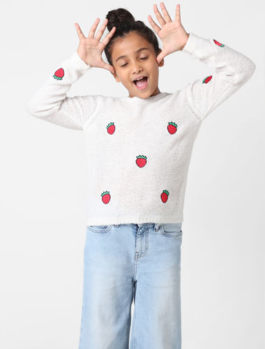 Girls Strawberry Embroidered Pullover