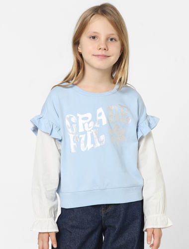 Girls Blue Foil Text Print Sweatshirt