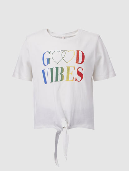 White Text Print Tie Up T-shirt