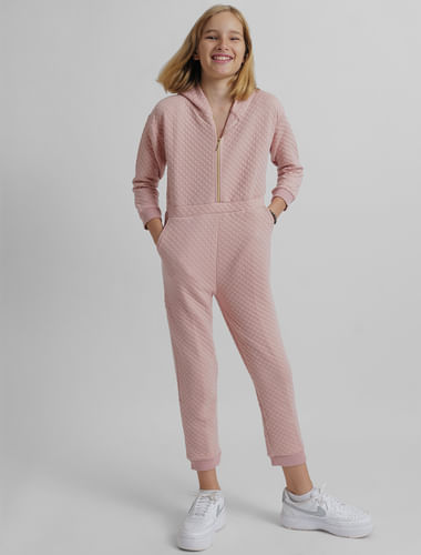 Girls Pink Quilted Hooded Overalls