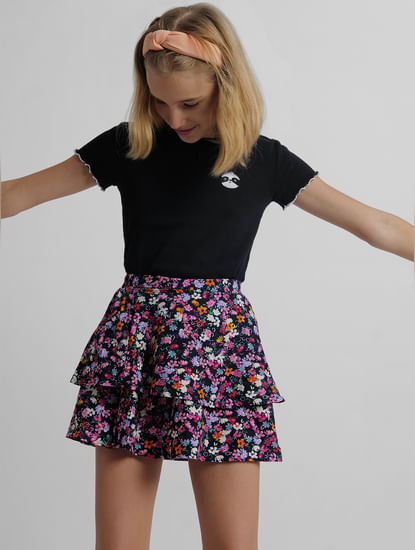 Girls Black Layered Floral Short Skirt
