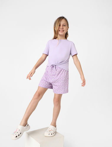 Girls Purple High Waist Printed Shorts