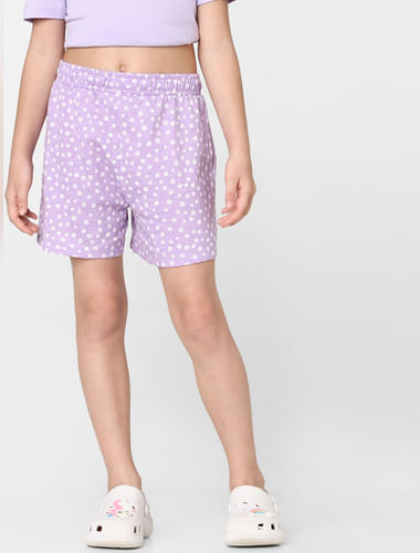 Girls Purple High Waist Printed Shorts