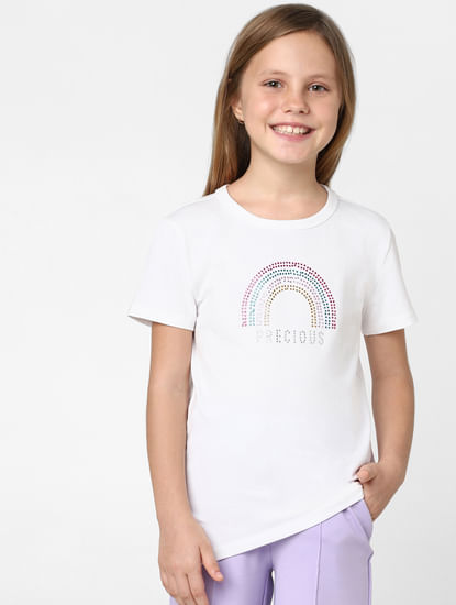 Girls White Rhinestone Detail T-shirt