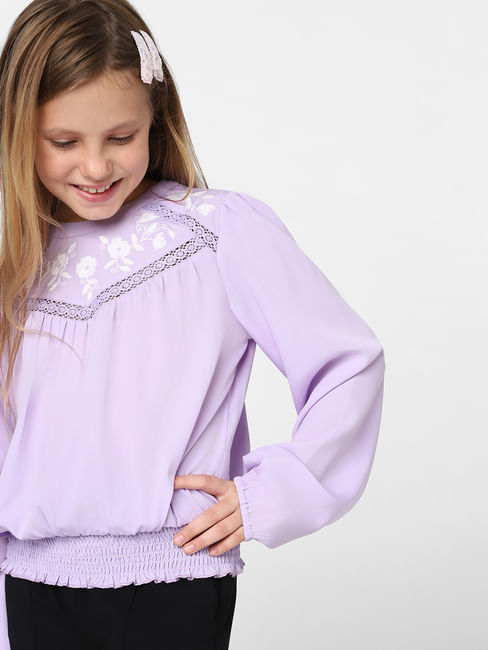 Girls Purple Embroidered Smocked Top
