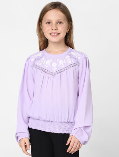 Girls Purple Embroidered Smocked Top