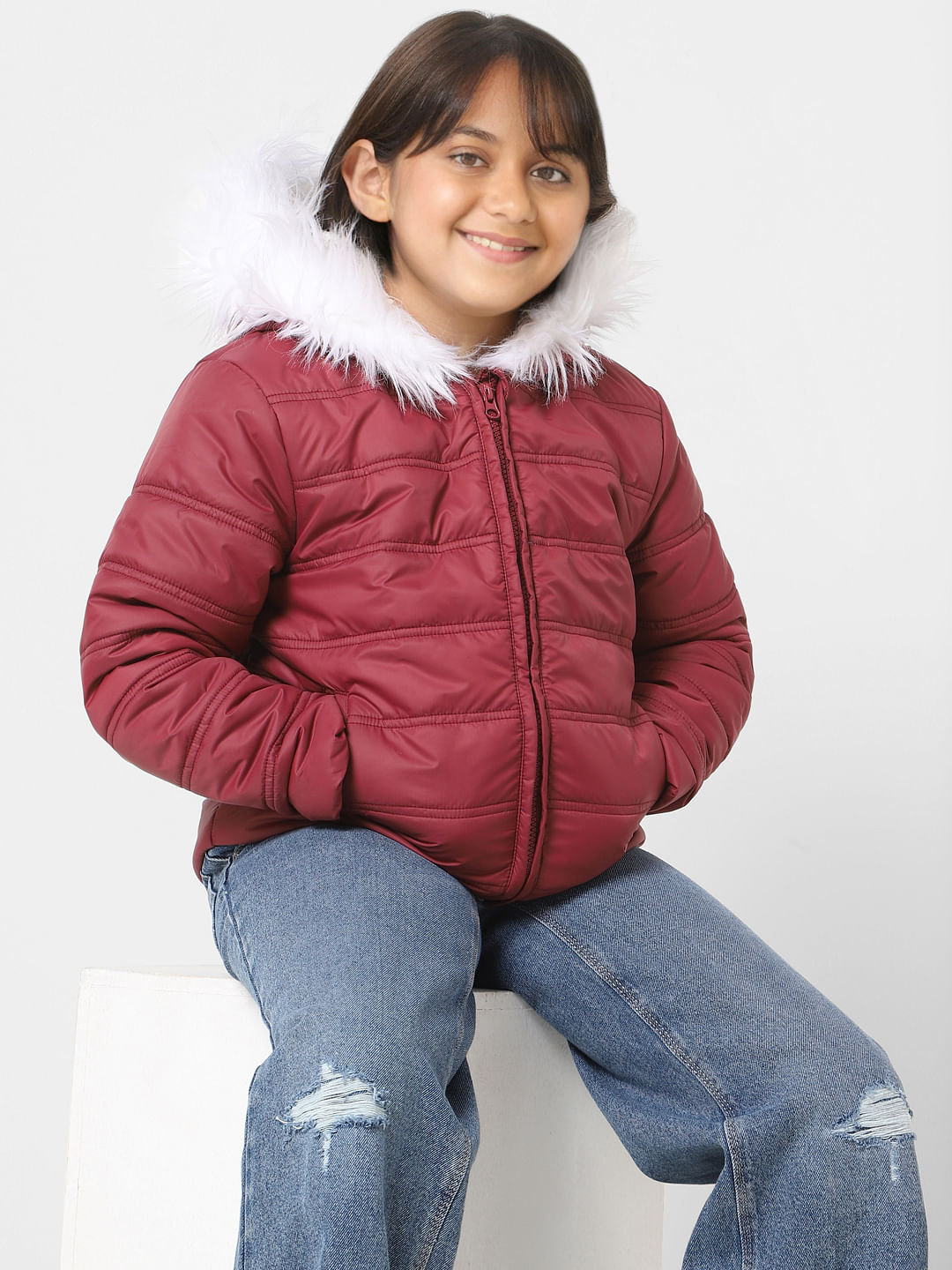 girl puffer jacket with fur hood