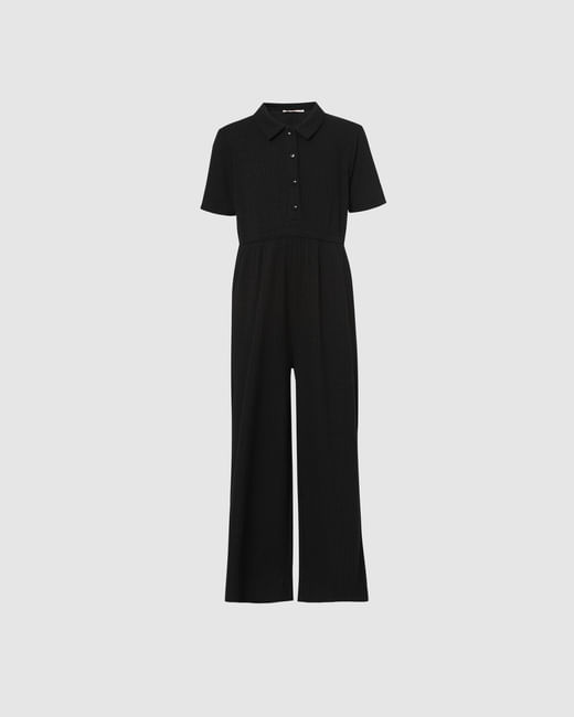 Girls Black Collared Ribbed Jumpsuit