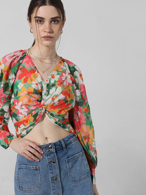 Green Floral Pleated Top
