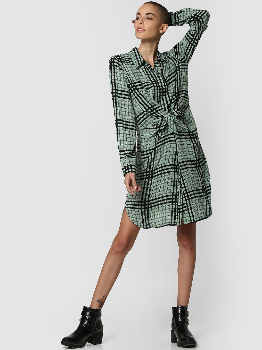 green check shirt dress