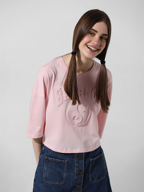 Pink Embossed Text T-shirt