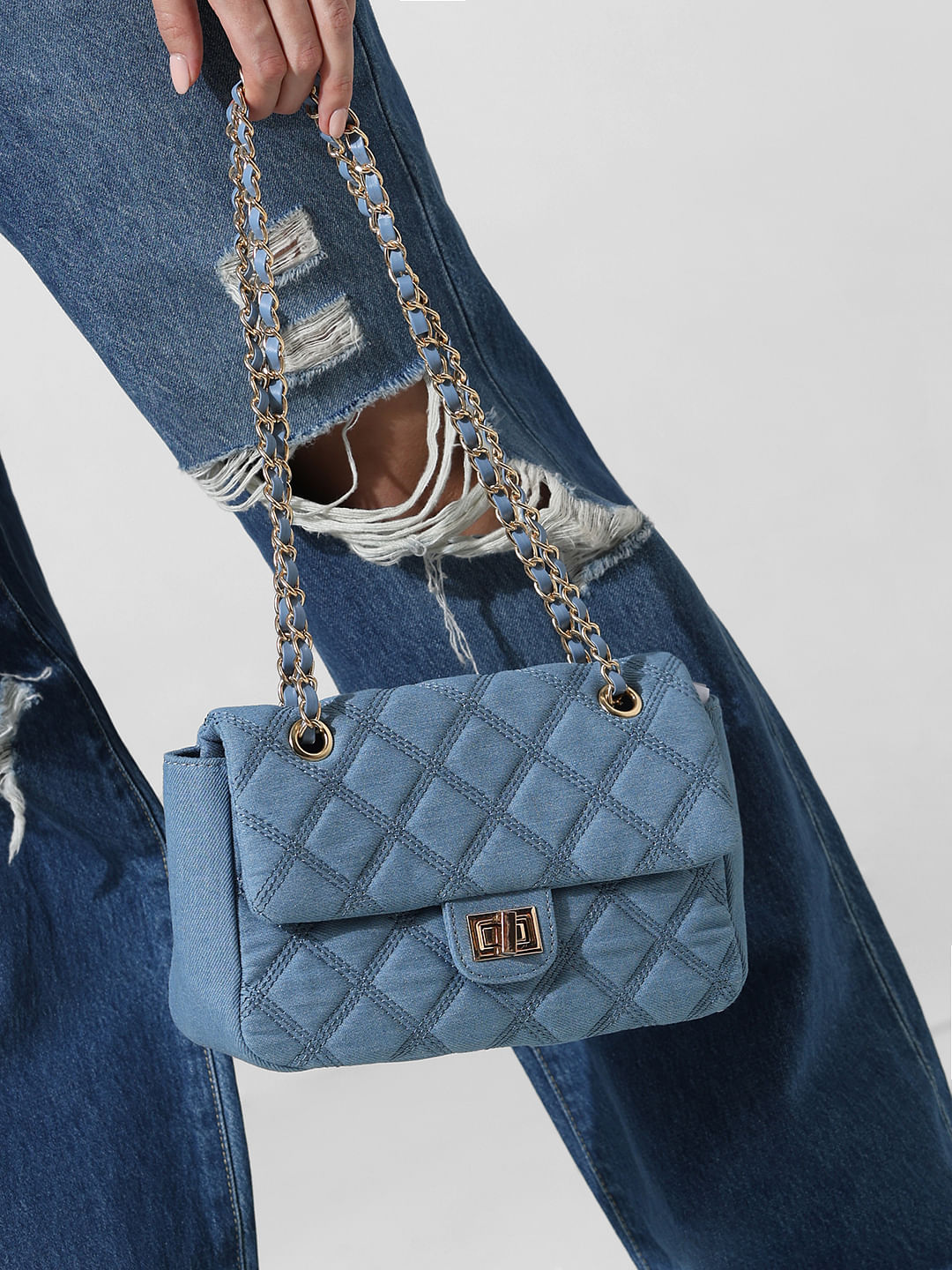 Women's Crush Small Chain Bag Quilted Denim in Blue | Balenciaga US