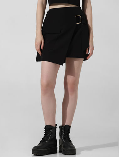 Black Mid Rise Faux Leather Skirt
