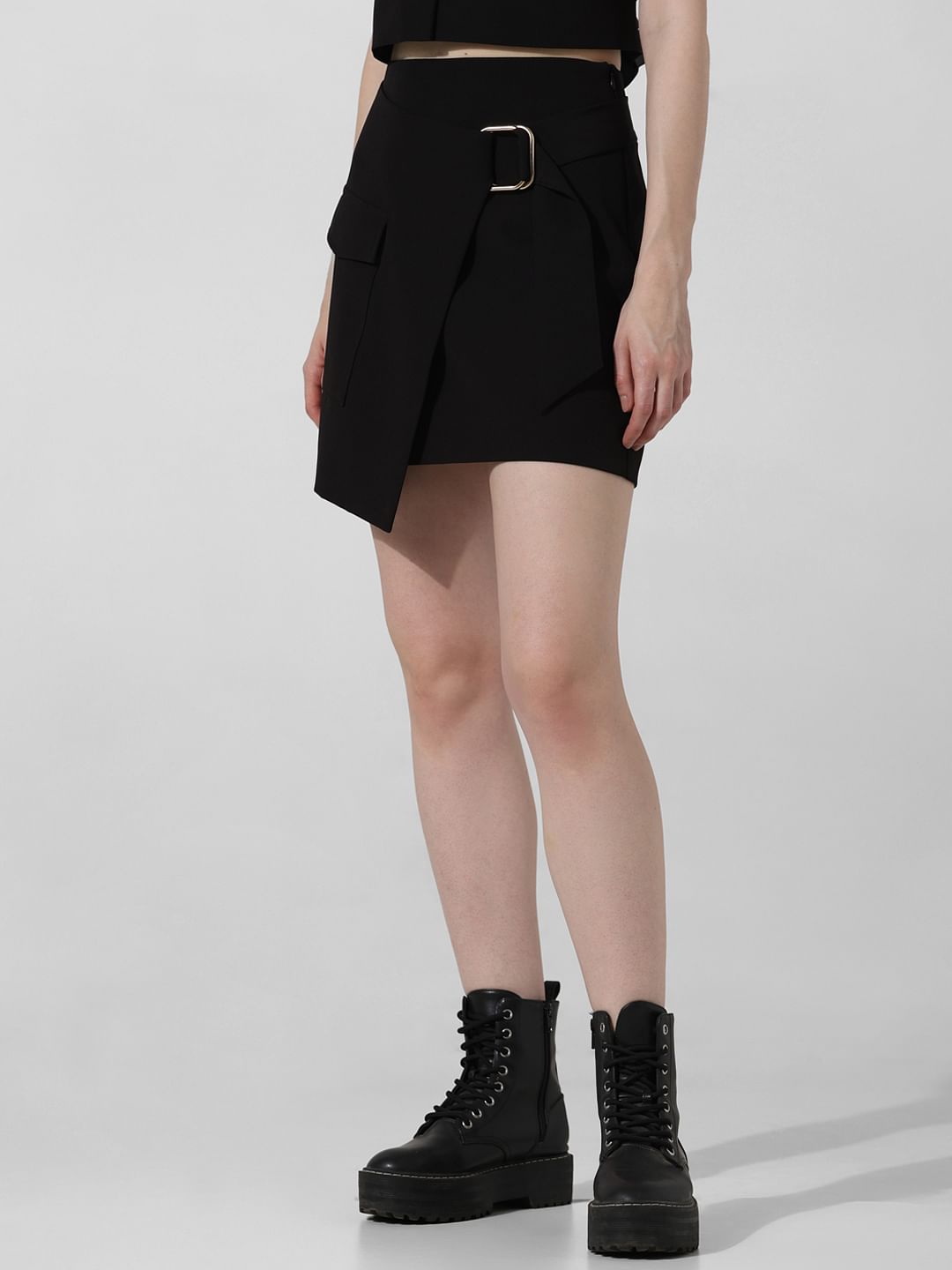 Black High Rise Co ord Set Wrap Skirt