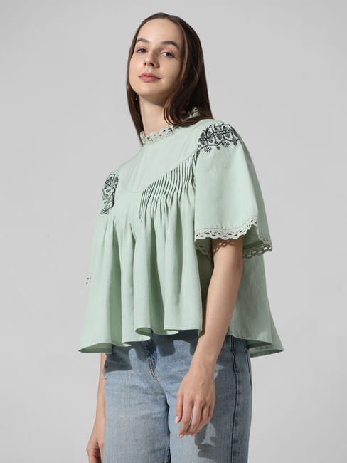 Green Embroidered Flared Top