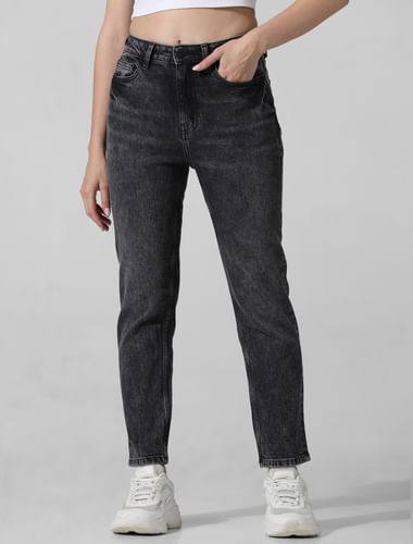 Black High Rise Washed Straight Fit Jeans