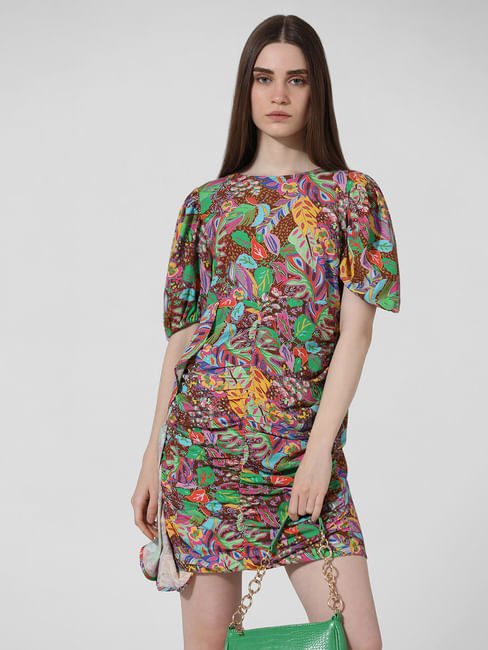 Brown Abstract Print Gathered Dress