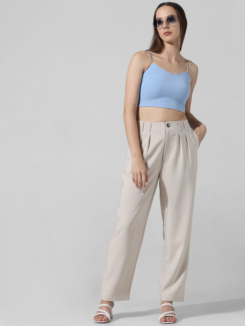 Beige High Rise Tailored Pants