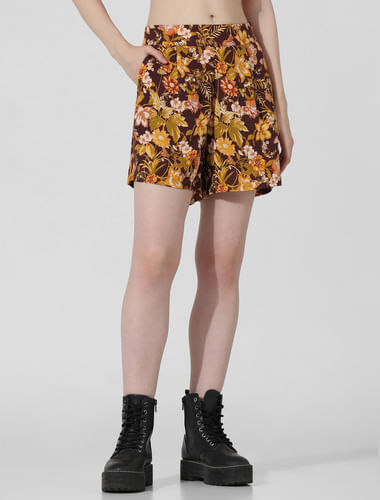 Brown Floral Print Co-ord Set Shorts