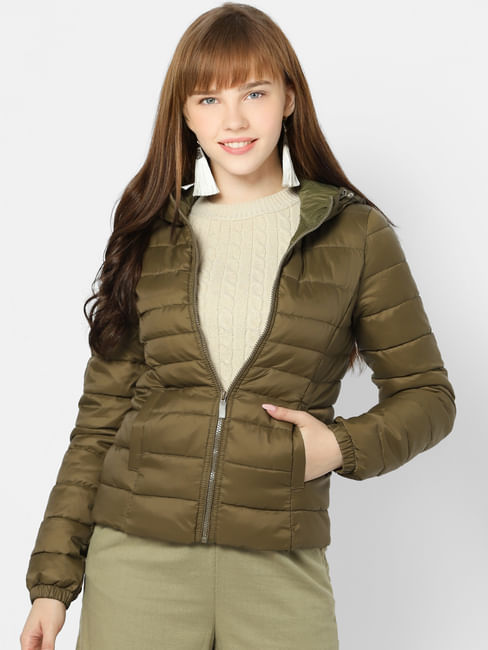 Olive Green Quilted Hooded Puffer Jacket