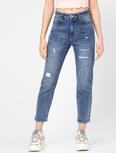 Blue High Rise Straight Torn Jeans