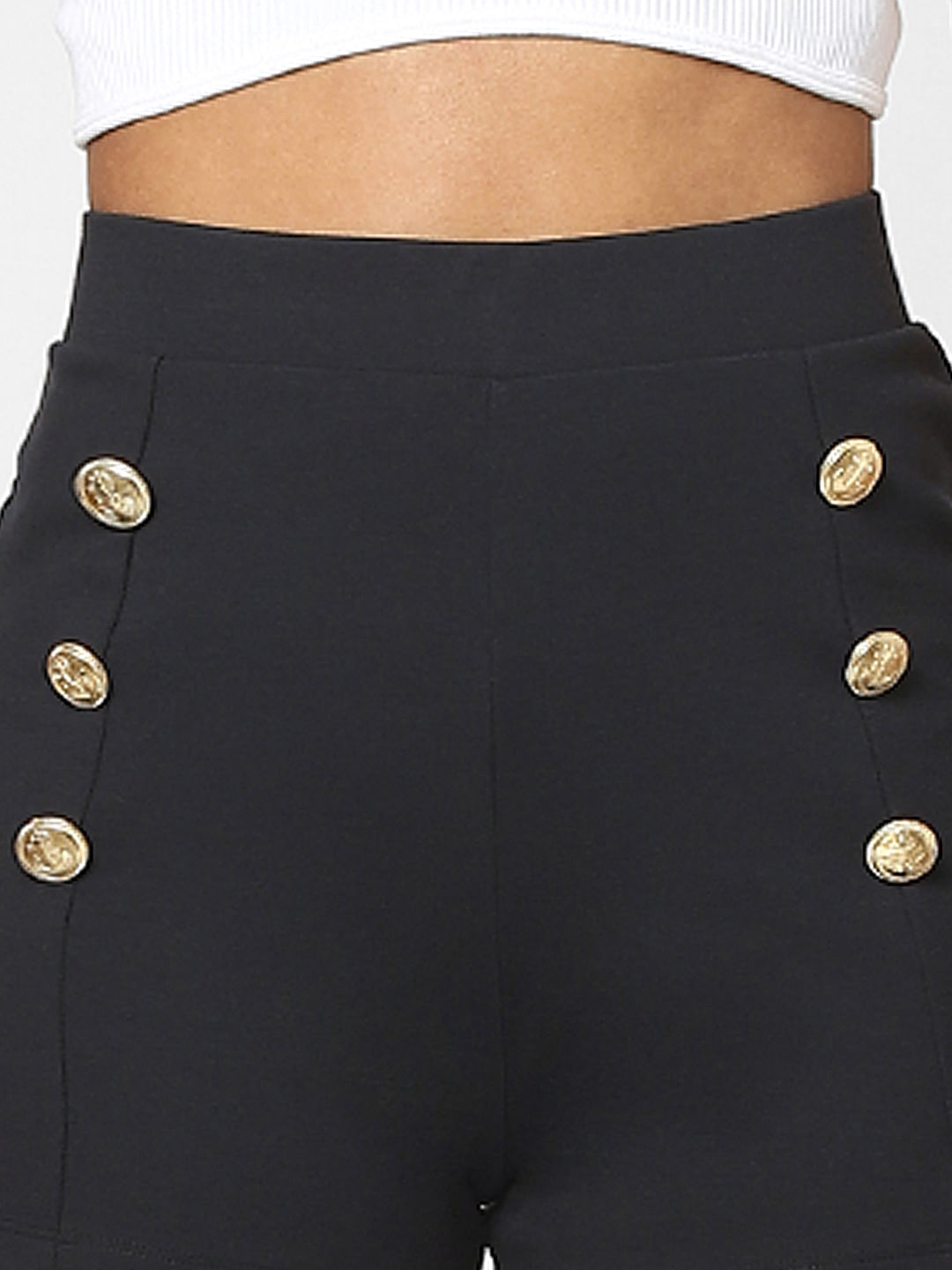 Black high waisted clearance shorts with gold buttons