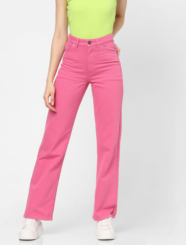 Pink High Rise Wide Leg Jeans