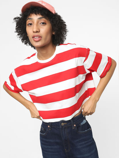 Red Cropped Striped T-shirt