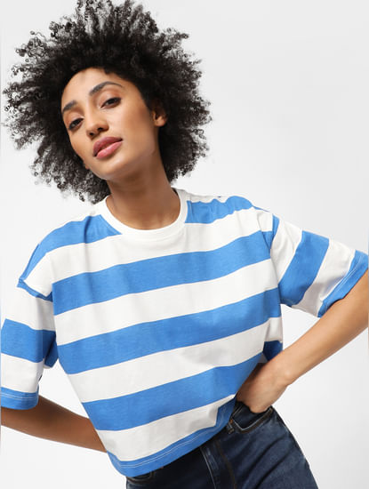 Blue Cropped Striped T-shirt