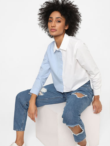 White Two-Toned Cropped Shirt
