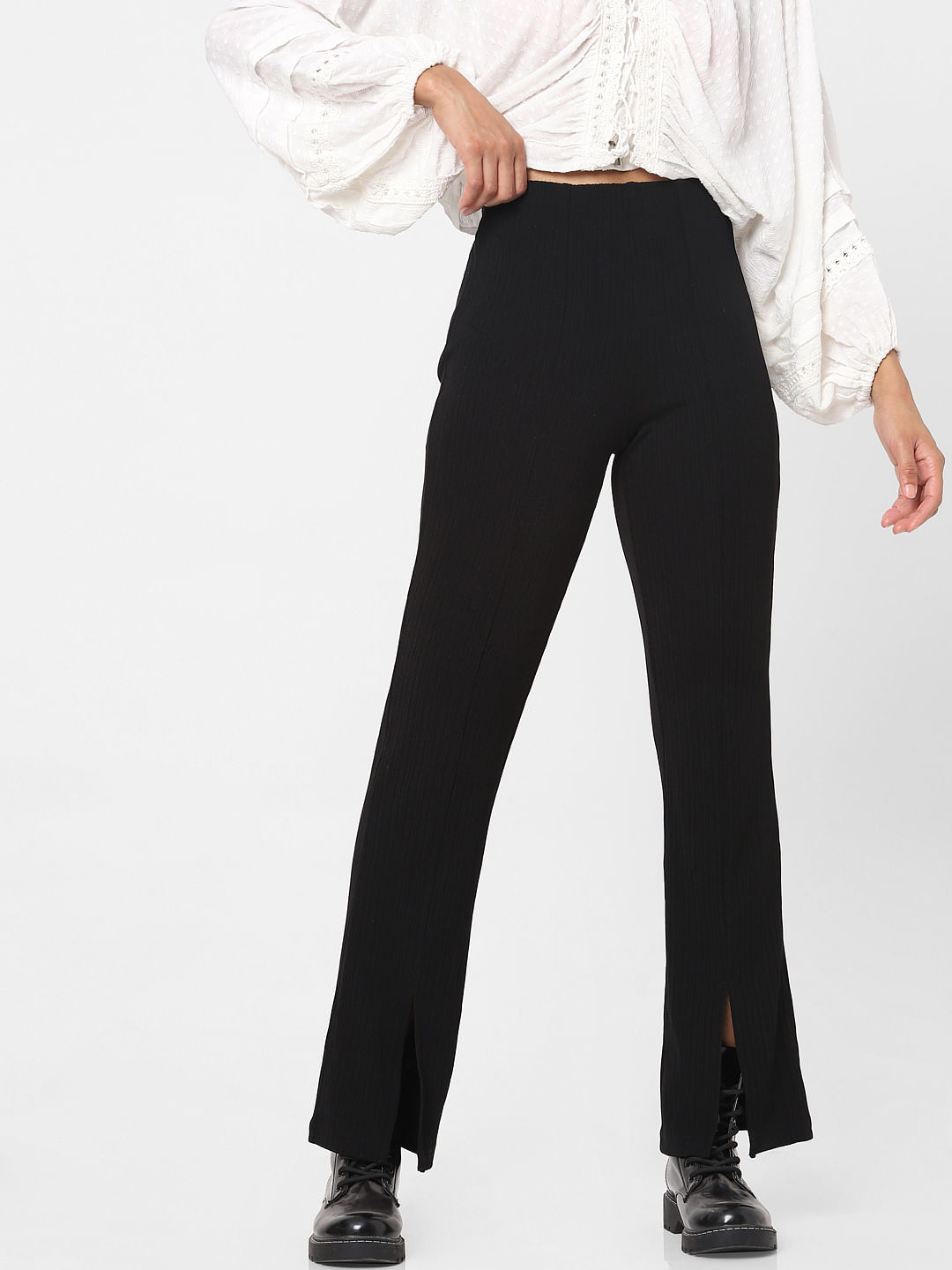 Ribbed flared trousers  Black  Ladies  HM IN