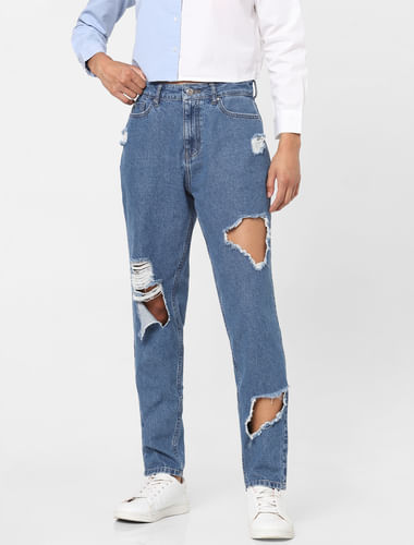 Blue Heavy Distressed Straight Jeans