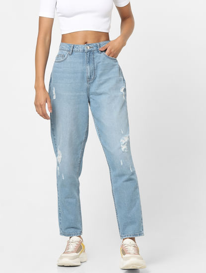 Blue High Rise Ripped Mom Jeans