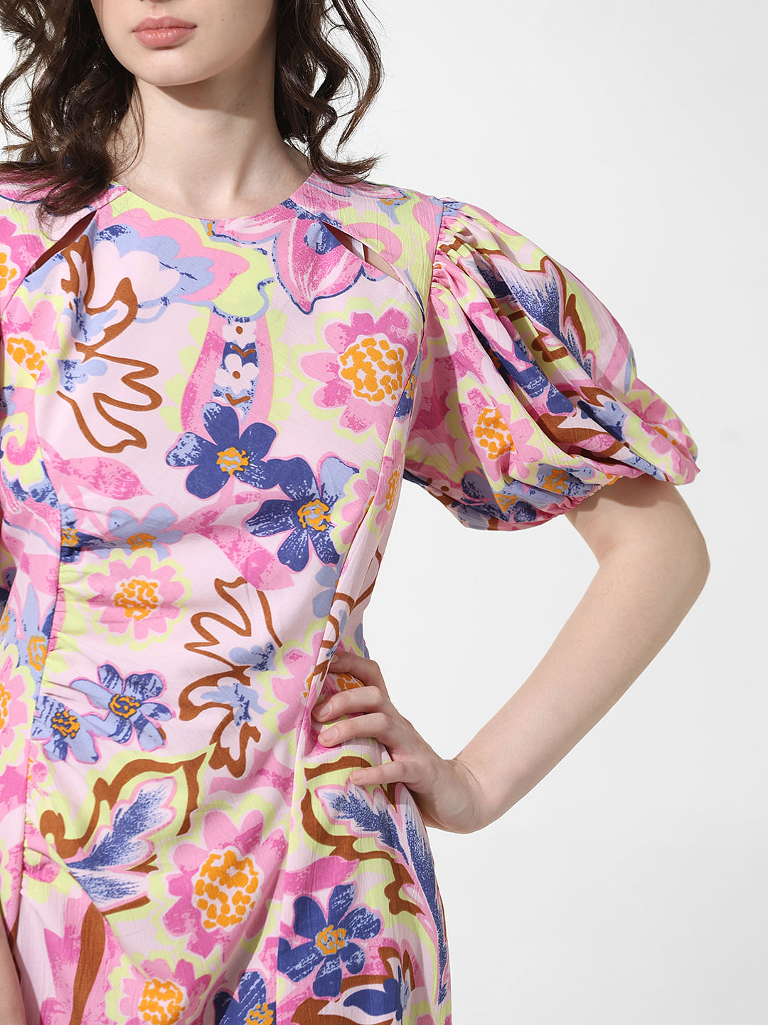 Pink Floral Puff-Sleeves Dress