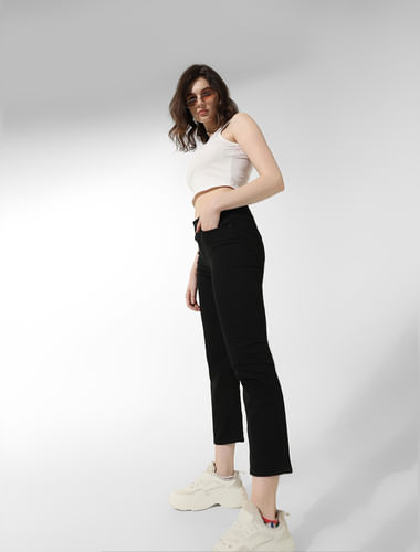 Black High Rise Cropped Flared Jeans