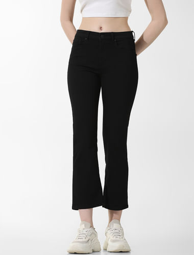 Black High Rise Cropped Flared Jeans