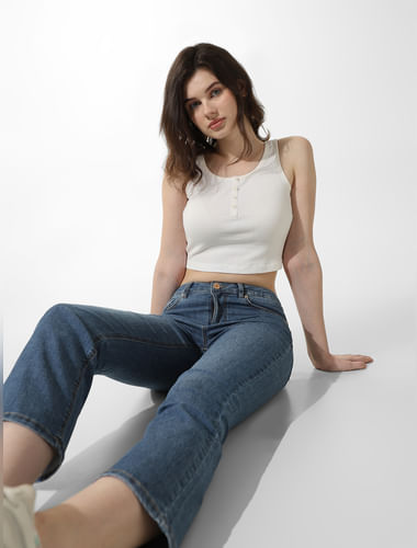 Blue High Rise Cropped Flared Jeans