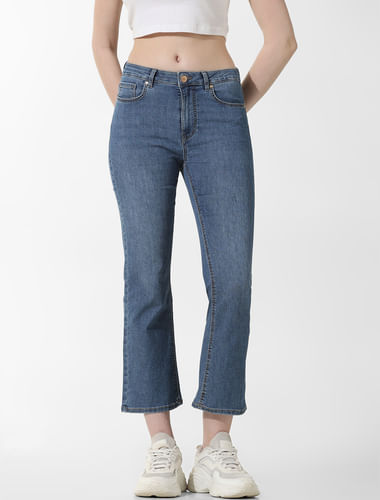 Blue High Rise Cropped Flared Jeans