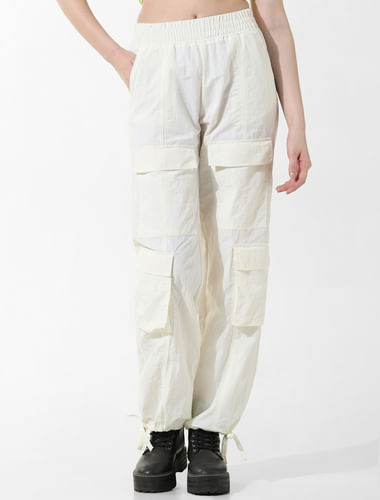 White Mid Rise Parachute Pants