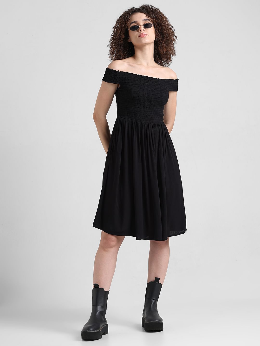 Black Smocked Off Shoulder Dress