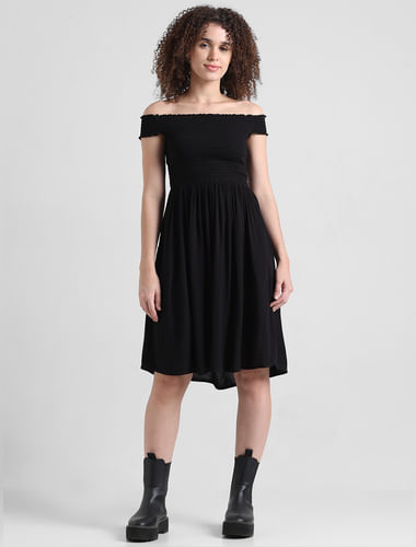 Black Smocked Off-Shoulder Dress