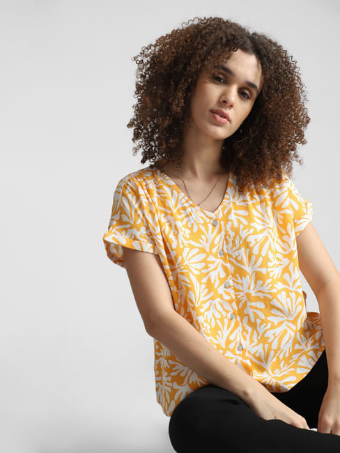 Yellow Printed V-Neck Top