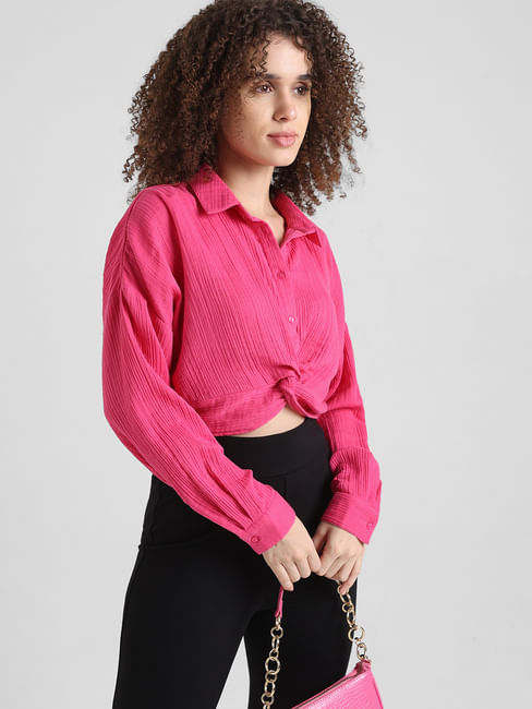 Pink Front Knot Cropped Shirt