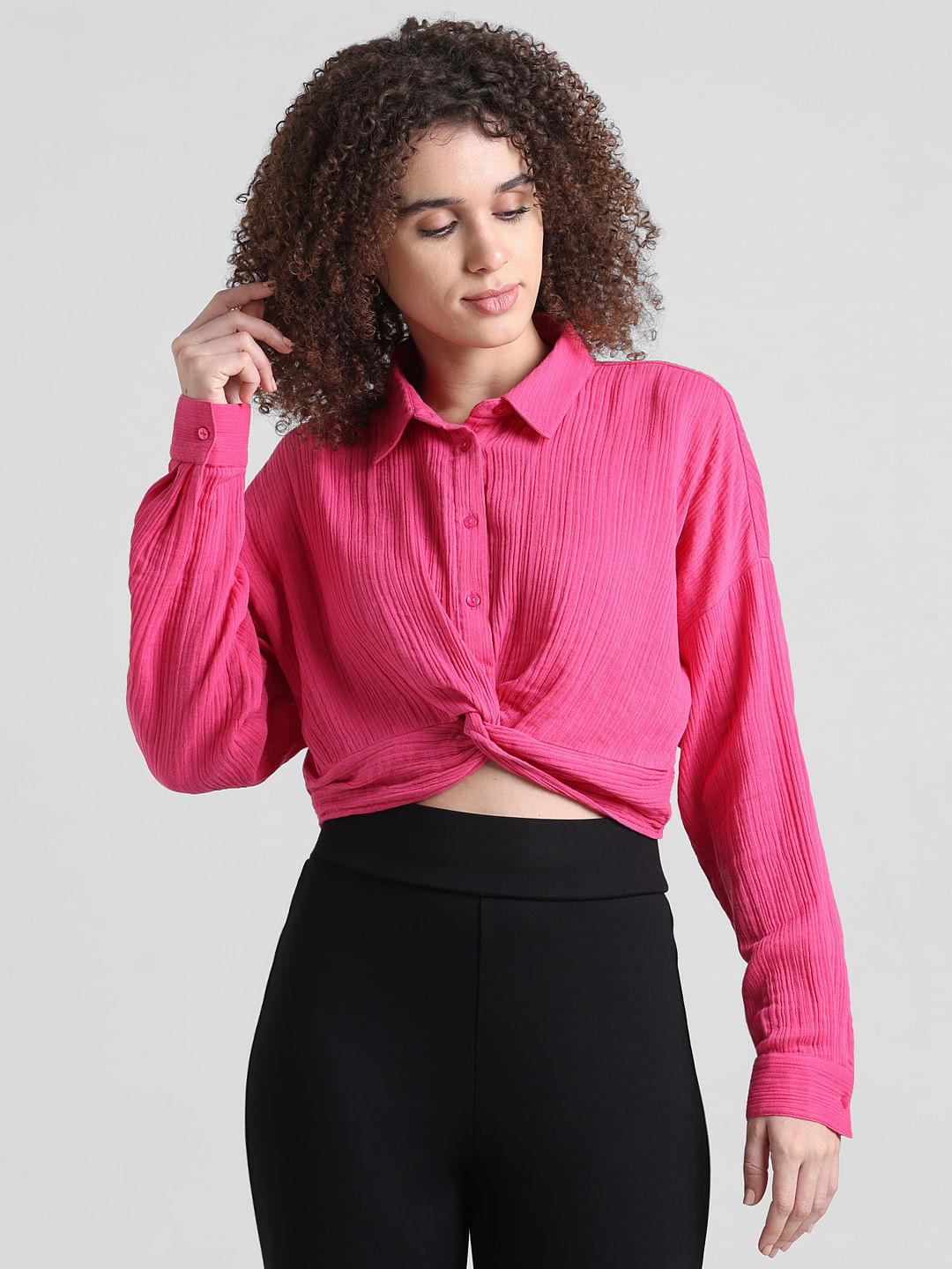 Pink Front Knot Cropped Shirt