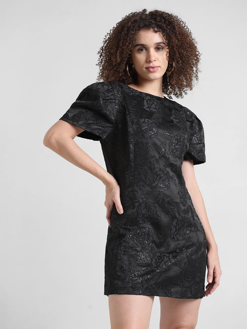 Black Floral Textured Short Dress