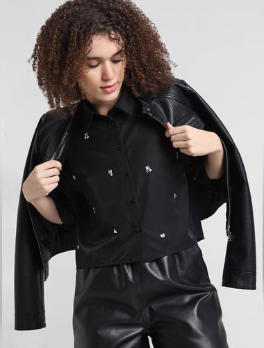 Black Embellished Cropped Shirt