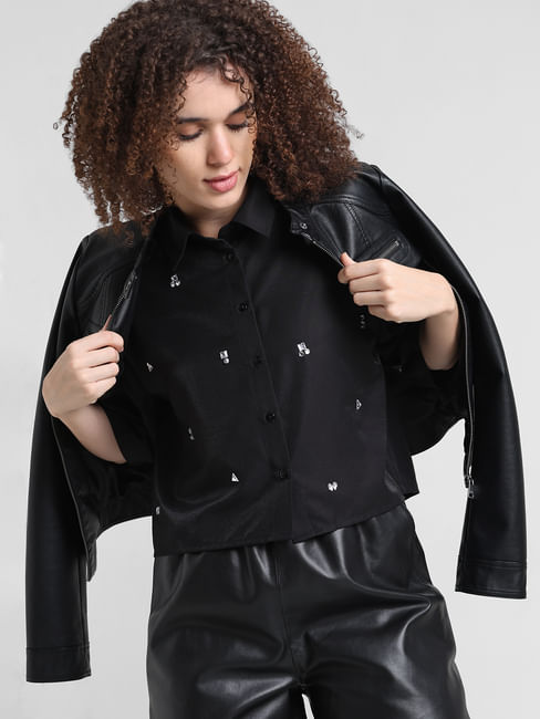 Black Embellished Cropped Shirt