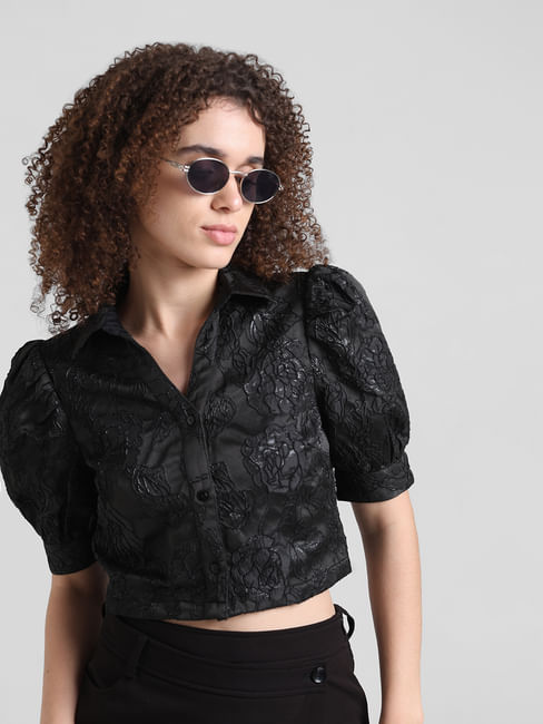 Black Floral Textured Cropped Shirt