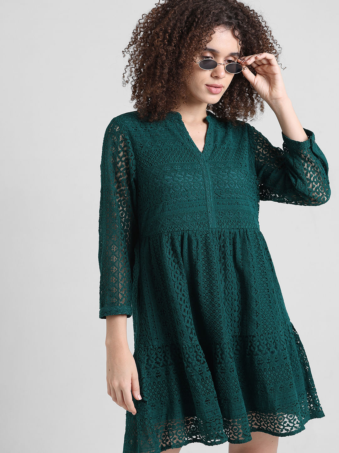 Green lace fit and flare sale dress