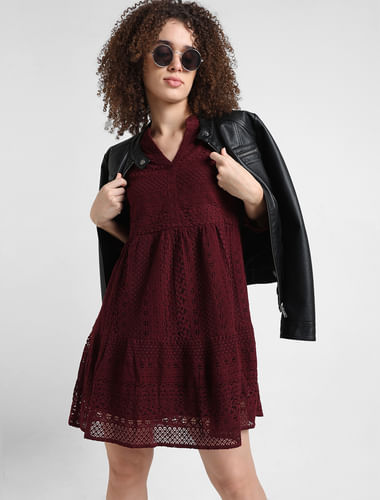 Maroon Lace Fit & Flare Dress